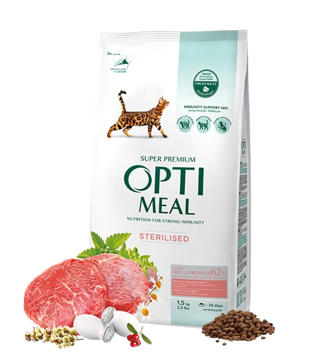 Complete dry pet food for sterilised cats - high in beef and sorghum