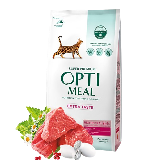 Complete dry pet food for adult cats high in veal