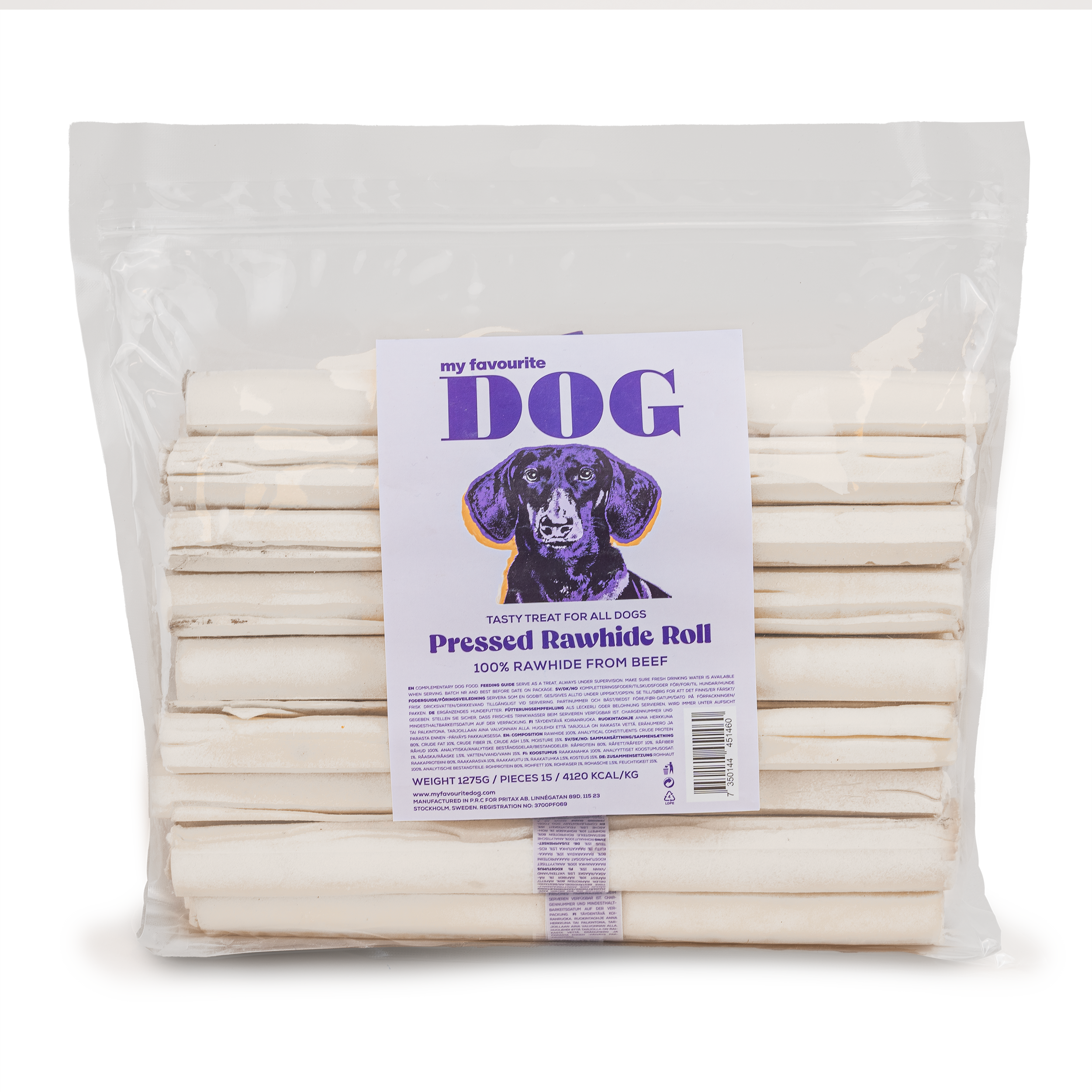 Presset råhud tyggerull 25 cm, 15-pakning