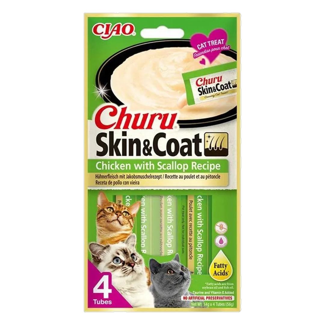 Churu Churu Kattegodbit Skin & Coat Kylling & Kamskjell 4-pakning