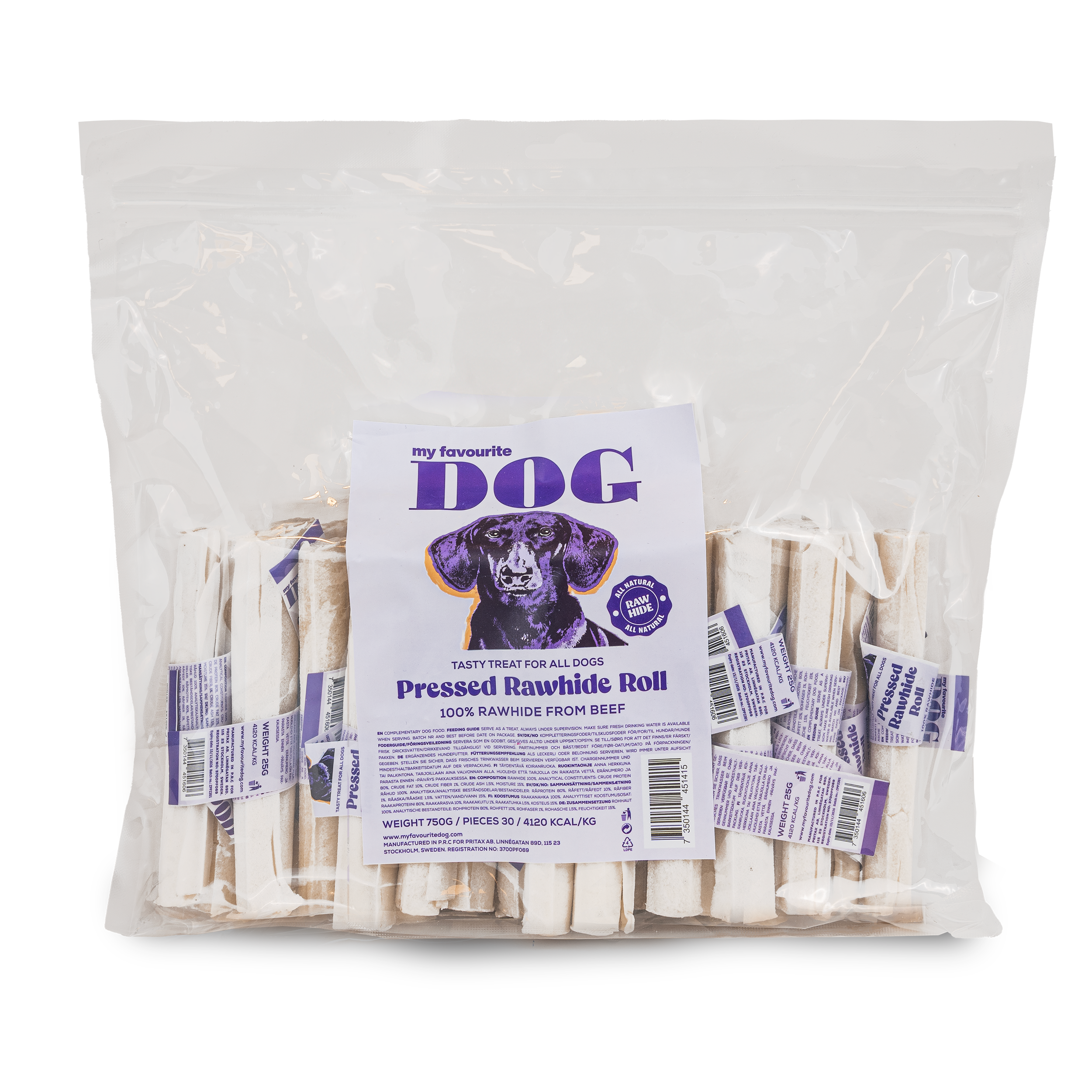 Presset råhud tyggerull 12 cm, 30-pakning