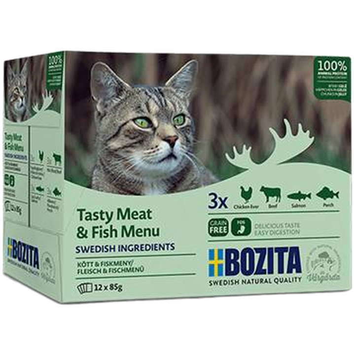 Bozita Katt Pouch Multibox Kjøtt og fisk i gelé 85 g x 12 stk - porsjonsposer