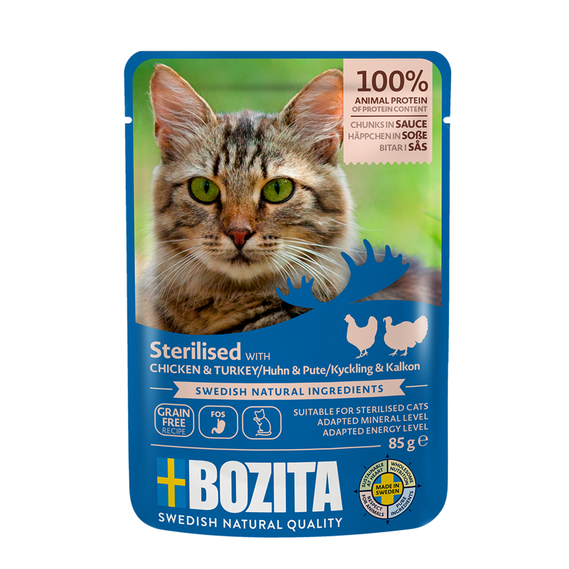 Bozita Katt Innendørs og sterilisert kylling og kalkun i saus