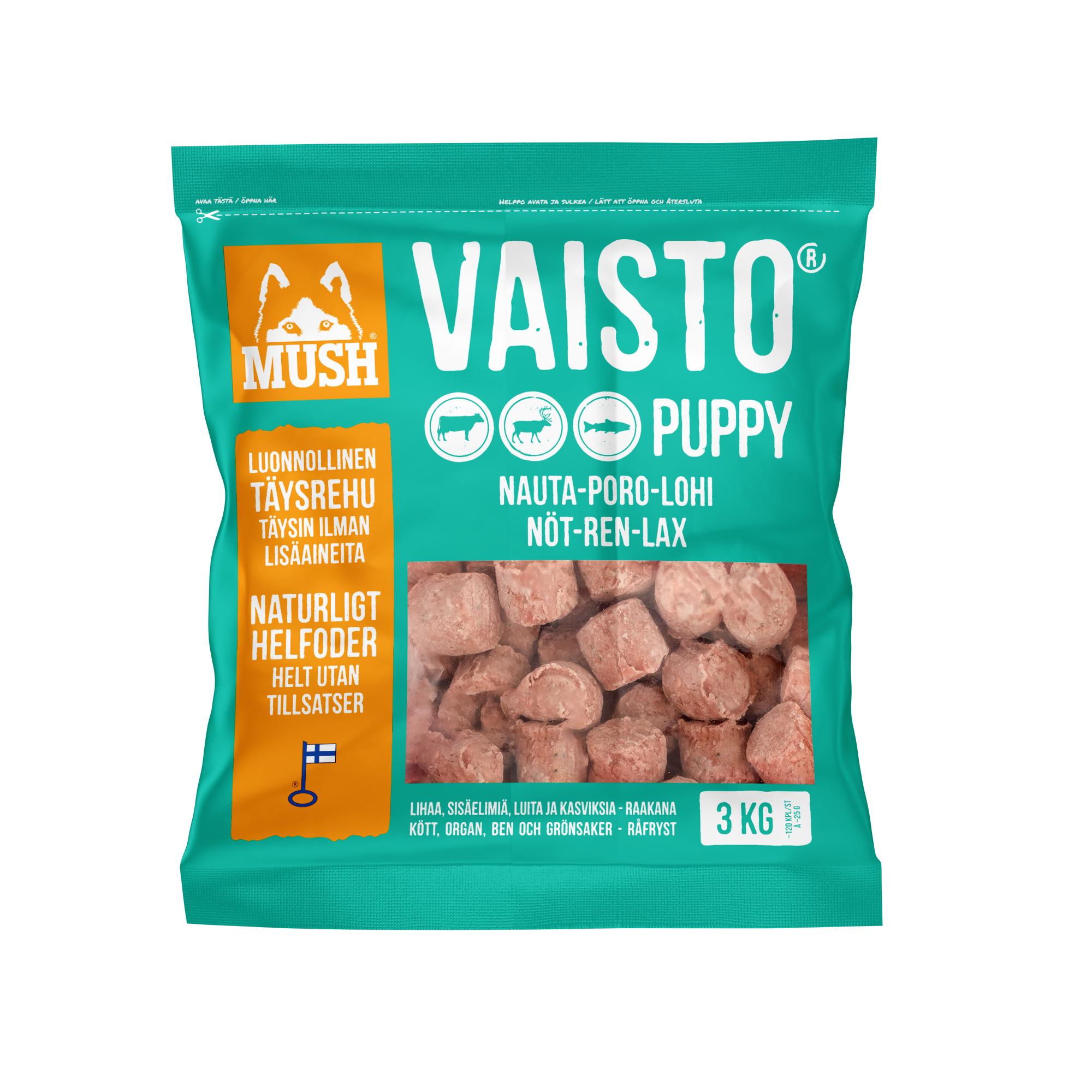 Vaisto Puppy Nöt-Ren-Lax Isblå 3 kg - Köttbullar
