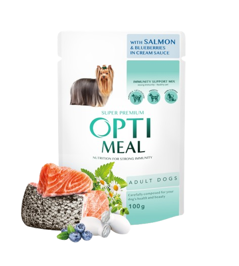 Optimeal Canned Pet Food For Adult Dogs with Salmon and Blueberries In Cream Sauce 12 x 100 g