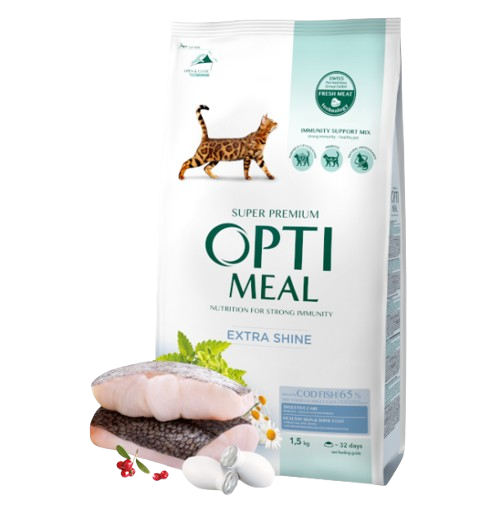 Complete dry pet food for adult cats high in cod fish