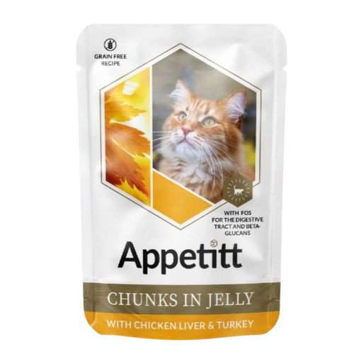 Kyllingelever og kalkun i gelé våtfôr for katter