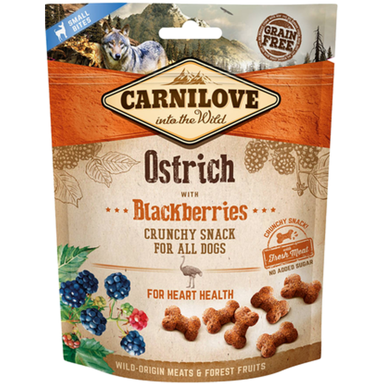 Knasende snacks for hund med struts og bær 200 g