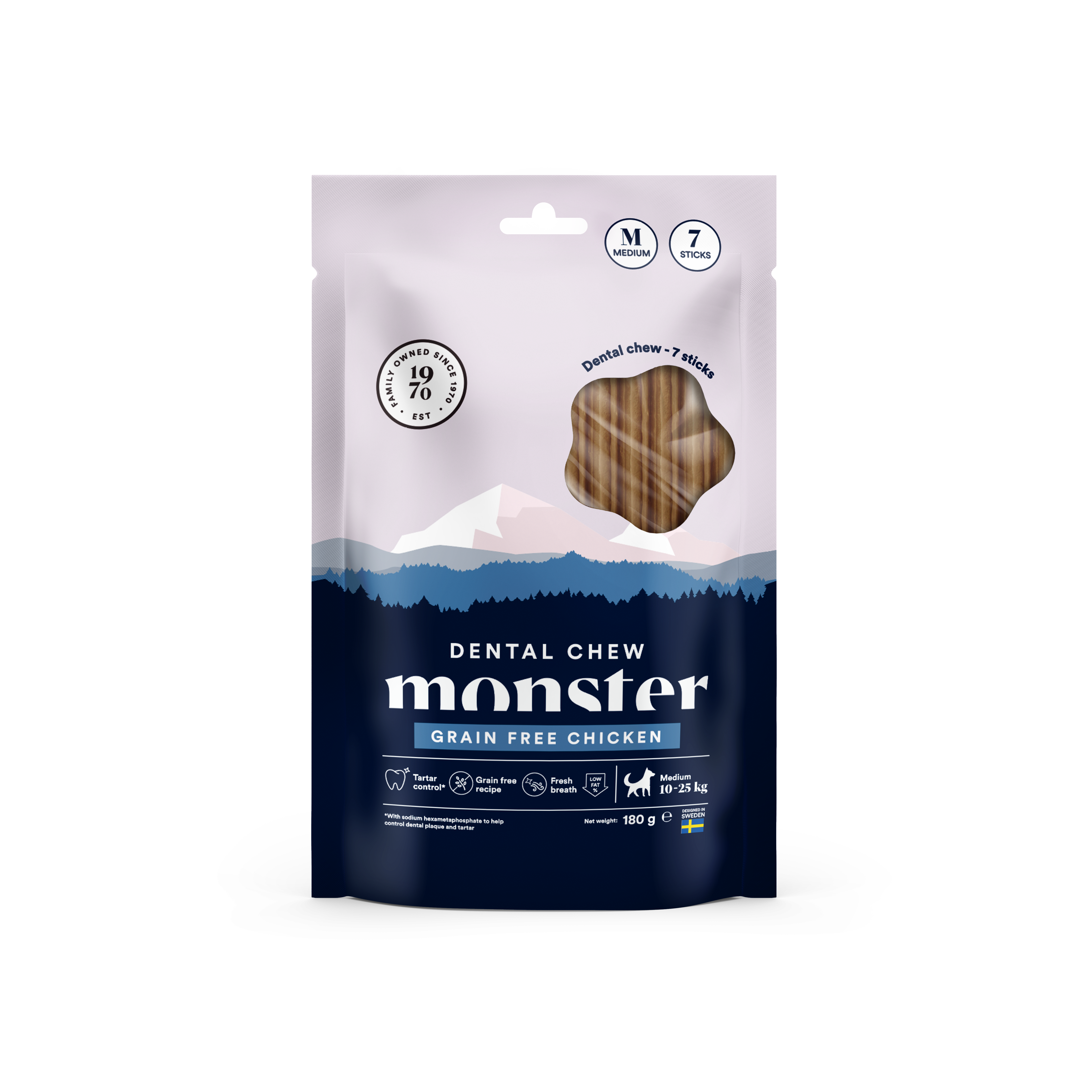 Monster Pet Food Dog Dental Chew Grain Free Chicken Medium Week 7 stk 180 g